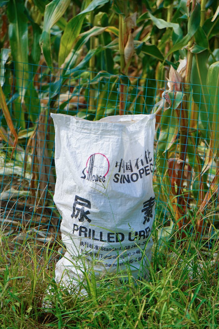 gallery-3 A bag of prilled urea fertilizer in a lush rural cornfield, showcasing agriculture.